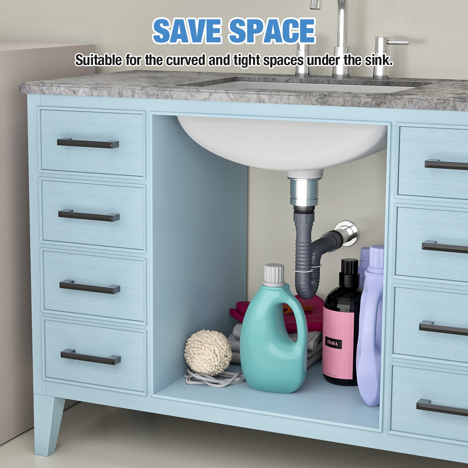 Nihome Expandable Flexible 1 1/2'' Or 1 1/4'' P-Trap Pipe For Single Kitchen Sink, With Adapter Sealing Ring Tape Drain Tubing P